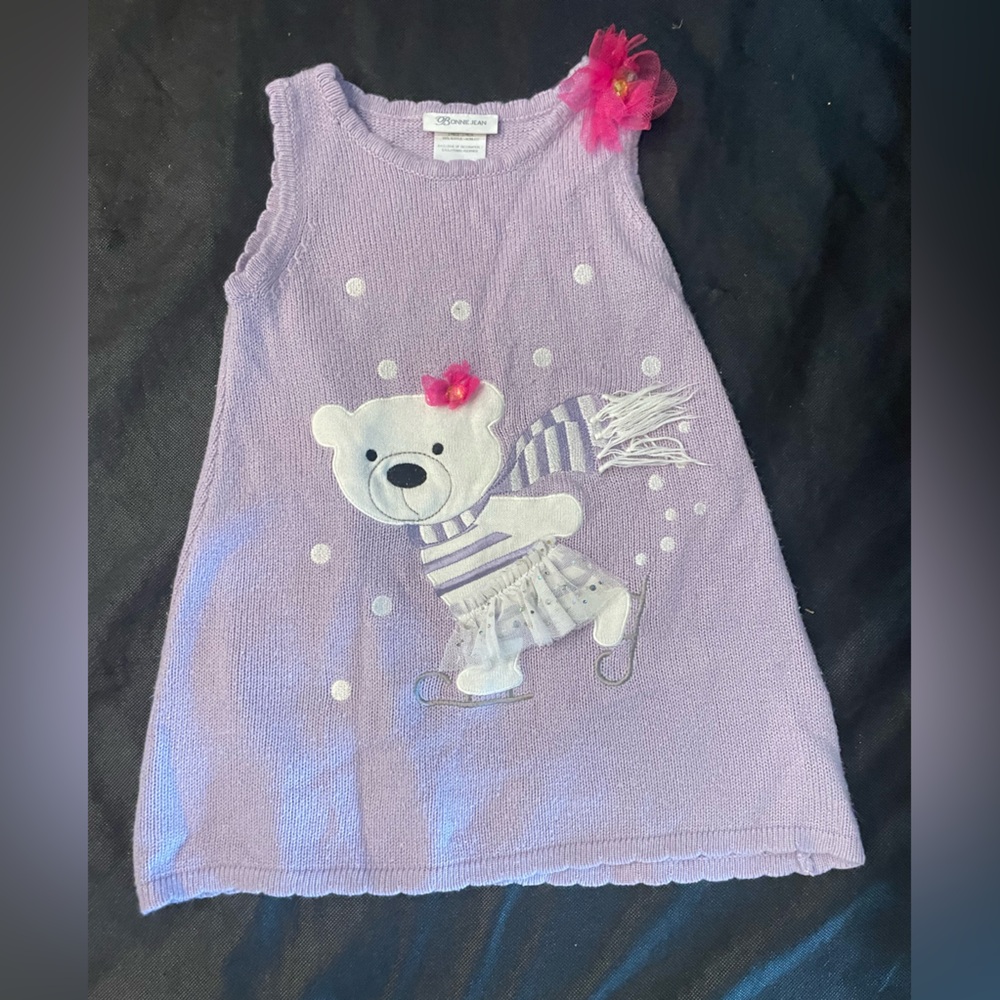 Bonnie Jean Lavender Knit Winter Dress with Ice Skating Polar Bear